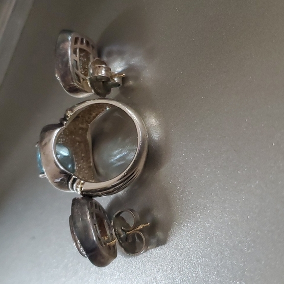 Aquamarine Ring and Earrings Set..diamond chips detail. size 7 ring - Picture 4 of 8